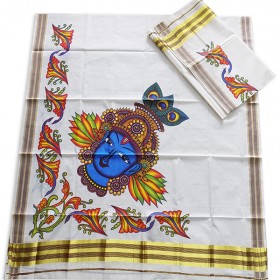 Kerala Kasavu Settu Mundu With Trendy Mural Print